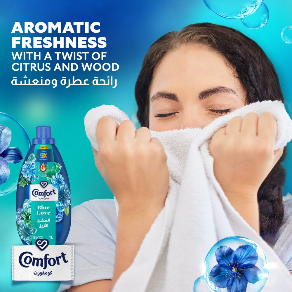 Comfort Concentrated Fabric Softener, Blue Love, with Pro-Fresh Technology for up to 9X fragrance, 1.5L