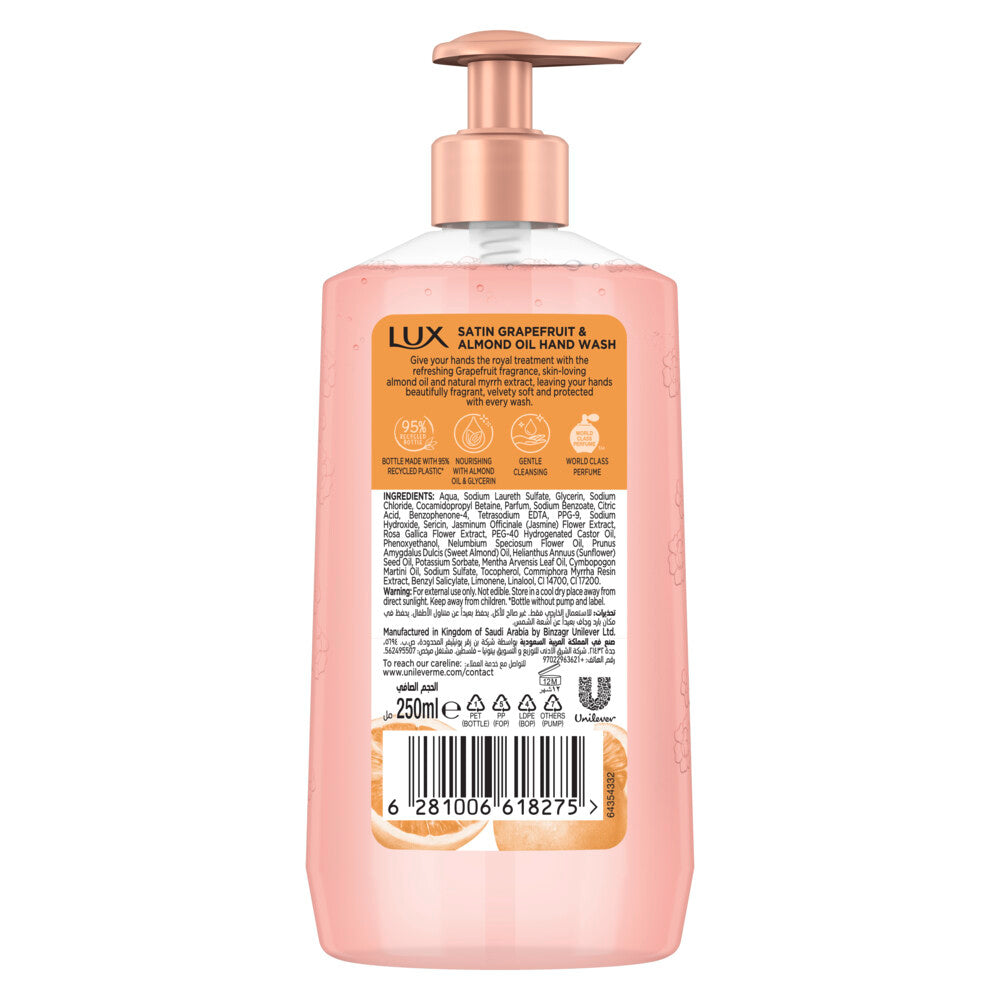 Lux Perfumed Hand Wash, Satin Grapefruit and Almond Oil, for Fragrant, Soft & Clean Hands, 250ml